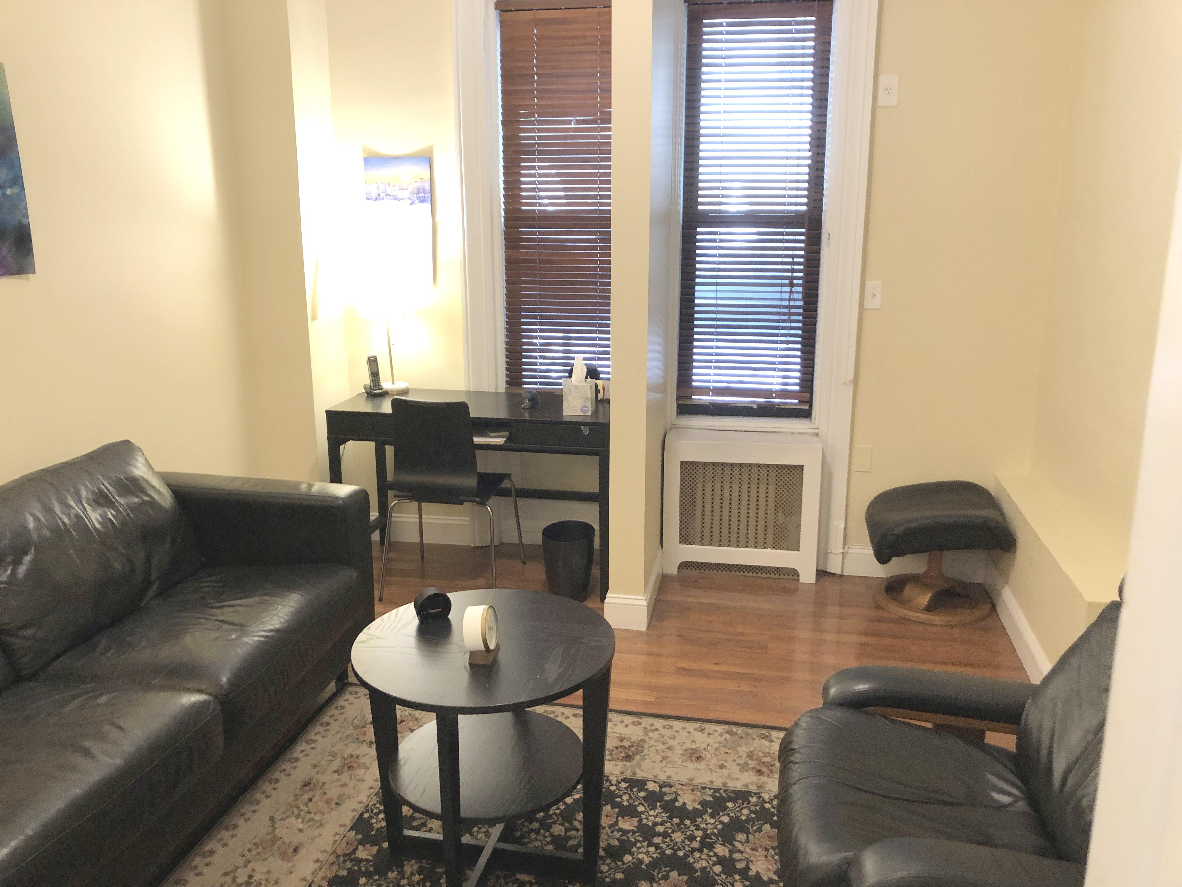 Inviting therapy room with cozy rug, tranquil plant, and soft lighting