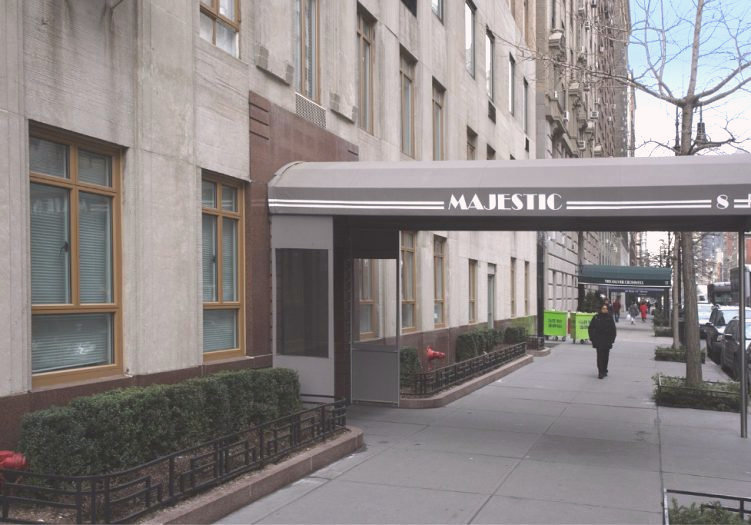 City building with awning and door